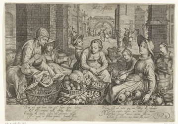 Scena di mercato con sullo sfondo la parabola dei lavoratori nella vigna, ca. 1600