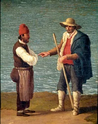 Un pastore e un mercante nel porto di Monopoli, Puglia, Italia (pastore e mercante a Monopoli). Jacob Philipp Hackert, detto Hackert d