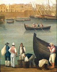 Pescatori di cozze di Monopoli, Puglia, Italia (pescatori di cozze a Monopoli). Jacob Philipp Hackert, detto Hackert d