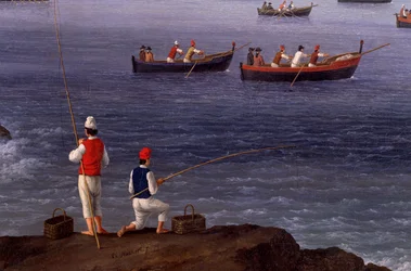 La baia di Napoli vicino a Santa Lucia con le flotte navali che tornano da Algeri