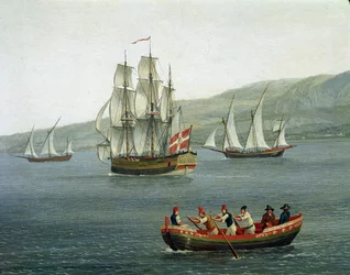 Veduta di navi nello Stretto di Messina, Reggio Calabria, Italia (navi nello Stretto di Messina tra Reggio Calabria e la Sicilia), dettaglio. Jacob Philipp Hackert, detto Hackert d