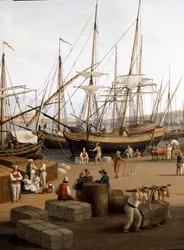 Veduta del porto di Messina in Sicilia. Scaricatori nel porto che scaricano le merci