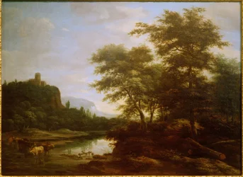 Paesaggio con mandria di mucche allo stagno
