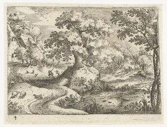 Paesaggio con viaggiatori vicino a case