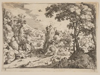 Ruscello tra la collina rocciosa e il castello, da "Paesaggi".
