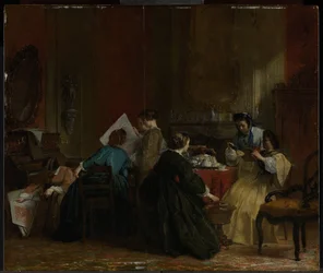 Gruppo di donne che guardano fotografie stereoscopiche