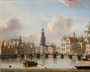 Veduta del Munt, Amsterdam con figure in barche e che nuotano nel canale