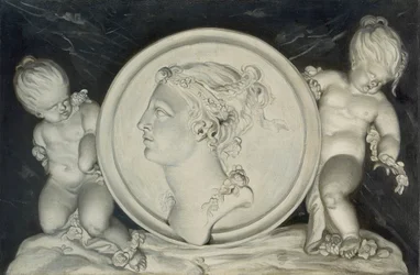Flora in un tondo dipinto sostenuto da putti che fluttuano sulle nuvole