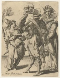 Cupido bendato con una torcia davanti a una coppia in abiti festivi