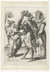 Cupido bendato con una torcia davanti a una coppia in abiti festivi