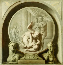 Un tondo decorativo con Ulisse che combatte il mendicante, e con sfingi