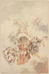 Geni e putti raggruppati attorno a un cesto di fiori che ascende verso il cielo