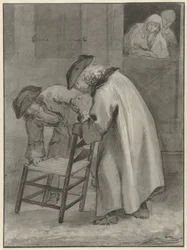 Due uomini con cappello guardano una sedia di paglia