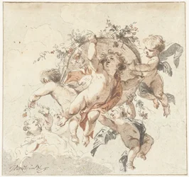 Cherubini fluttuanti con un cesto di fiori