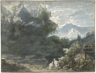 Bagnanti presso un monumento antico in un paesaggio montuoso
