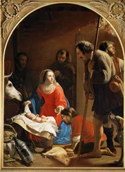 Adorazione dei pastori, sullo sfondo San Francesco d