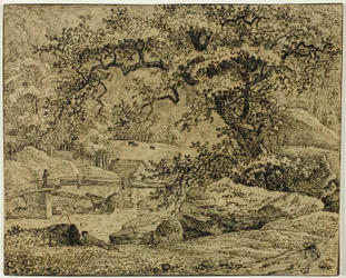 Paesaggio con figura che riposa sotto un albero vicino a un ruscello