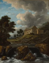 Paesaggio con una chiesa vicino a un torrente