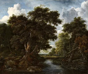 Paesaggio boscoso con cacciatori e fiume