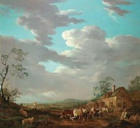 Olandese: Paesaggio con figure e bestiame vicino a una locanda