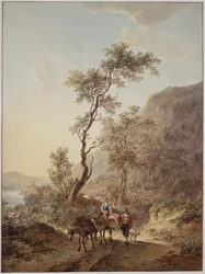 Paesaggio italianeggiante con una coppia di pastori su una strada di campagna
