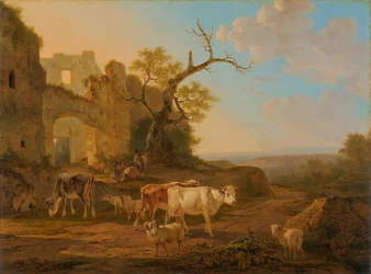 Paesaggio con mucche vicino a una rovina