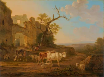 Paesaggio con mucche vicino a una rovina