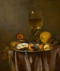 Natura morta con roemer, orologio, ostrica e frutta