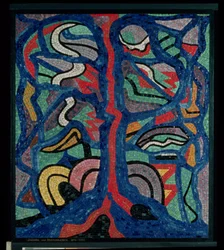 Albero, composizione in rosso, nero, blu e giallo