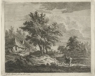 Paesaggio con passeggiatori vicino a tre alberi