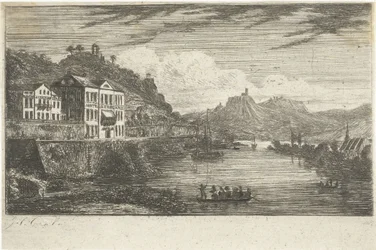 Paesaggio fluviale con hotel sul molo