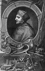 Ritratto di Thomas Wolsey, cardinale e statista inglese, incisione di Jacobus Houbraken