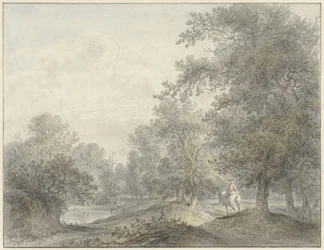 Paesaggio boschivo con cavaliere e stagno