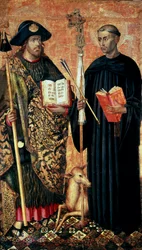 San Giacomo di Compostela rappresentato in pellegrino con bastone, cappello e conchiglia e San Gilles l