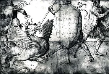 Guerrieri che combattono un drago