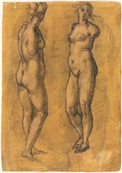 Copia di una statua antica di una donna in piedi (due viste), sopra uno schizzo di un putto