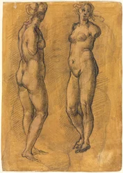Copia di una statua antica di una donna in piedi due viste, sopra uno schizzo di un putto, 1570s