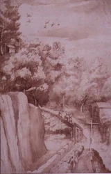 Vista del Monastero di La Verna, la strada che porta al Monastero, c.1607-12 (inchiostro e penna su carta)