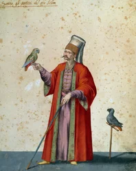 Usciere al grande Selim con pappagalli, disegno di Jacopo Ligozzi (1547-1627)