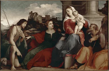Sacra conversazione. Rappresentazione della Sacra Famiglia con santa Caterina da Siena e san Giovanni Battista