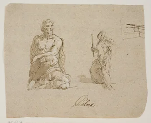 Uomo inginocchiato, ragazza con una candela che sale le scale (la Vergine che entra nel Tempio), schizzo prospettico per le scale