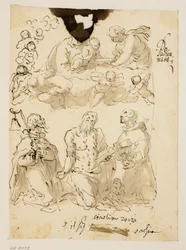 Santi Antonio, Girolamo e Bernardino in ginocchio, con la Vergine e il bambino Cristo circondati da angeli bambini