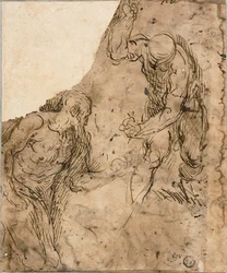 Due Schizzi di Nudi Maschili, Uno Inginocchiato, Uno in Piedi (recto); Tre Schizzi: Nudo Maschile Seduto, Nudo Maschile Disteso, Testa Maschile di Profilo (verso)