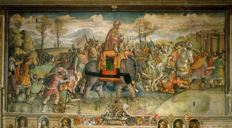 Affresco raffigurante Annibale che arriva in Italia. Di Jacopo Ripanda. Tardo XVI secolo. Palazzo dei Conservatori, Roma - Annibale attraversa le Alpi, 218 a.C., di Jacopo Ripanda (attivo circa 1500-1516), circa 1510, affresco dal Palazzo dei