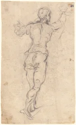 Un giovane che cammina con le braccia alzate, visto da dietro, c.1579