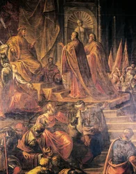 Ambasciatori del papa e dei veneziani che implorano invano la pace a Barbarossa, di Jacopo Tintoretto e la sua bottega, Sala del Maggior Consiglio, Palazzo Ducale, Venezia, Italia