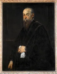 Ritratto di un uomo anziano con un fazzoletto in mano ...