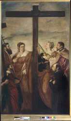 Santi Elena, Barbara, Andrea, Macario, un altro Santo e un devoto adorano la Croce, c.1560