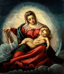 La Madonna e il Bambino in una mandorla su una luna crescente e nuvole, con il libro della sapienza