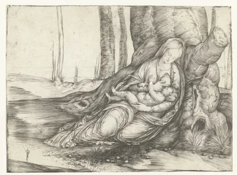 Maria con bambino al seno seduta ai piedi di un albero